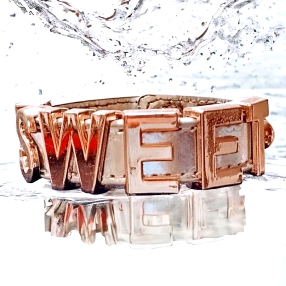 CUFF BCBG SILVER  LEATHER 3/4" "#SWEET"  ROSE GOLD Tone SLIDE Letters 7-7 1/2"